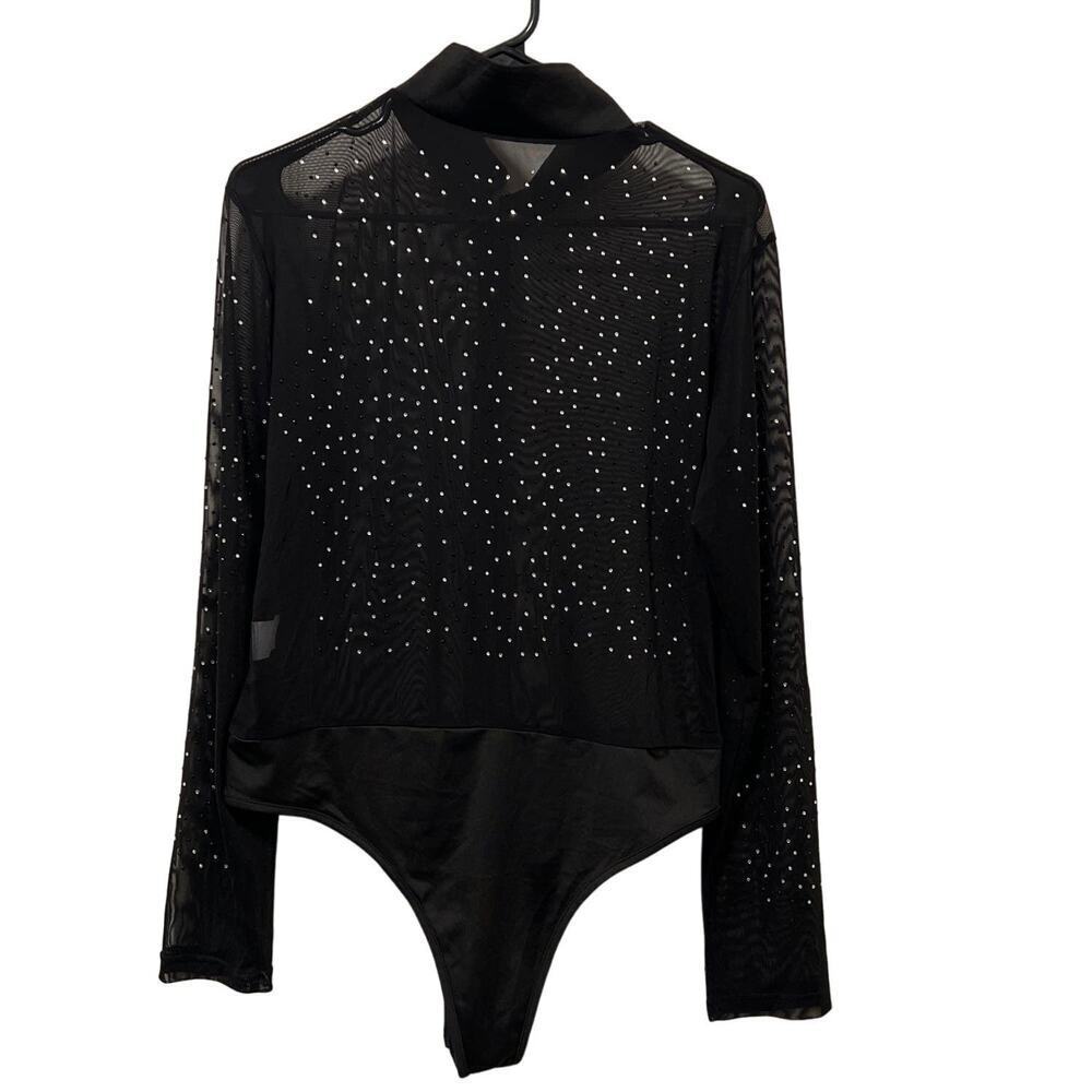 Black Sheer Rhinestone Detail Mock Neck Bodysuit Size 2XL